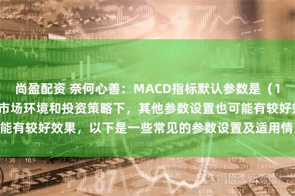 尚盈配资 奈何心善：MACD指标默认参数是（12，26，9），但在不同市场环境和投资策略下，其他参数设置也可能有较好效果，以下是一些常见的参数设置及适用情况： （5，34，5）